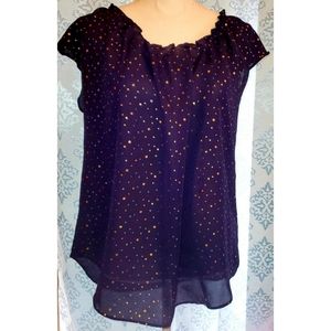 LC Lauren Conrad Pleat Neck Top Navy Gold Dots L